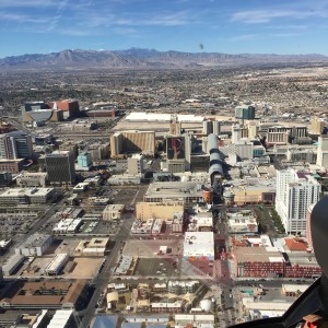 Downtown Las Vegas in an R44 after our cross country flight. Freemont street